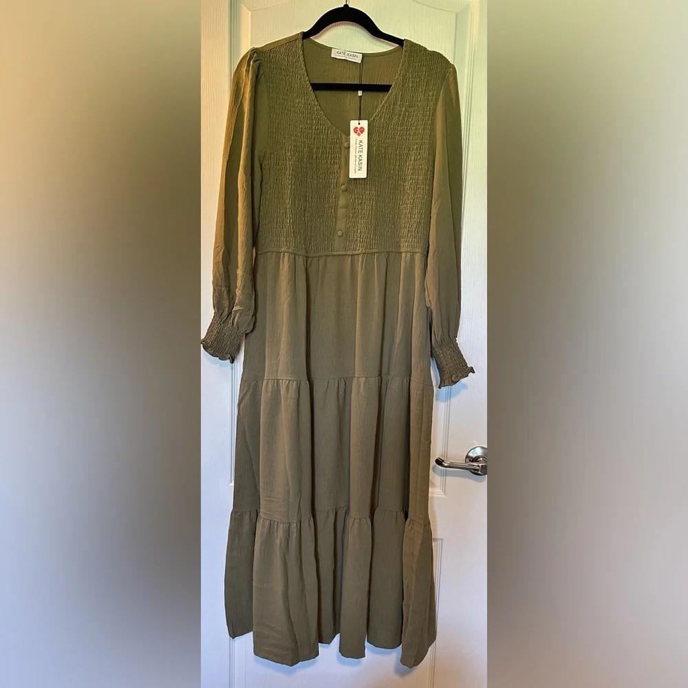 Kate Kasin Elegant Olive Green Maxi Dress Sz L NWT - Picture 3 of 6